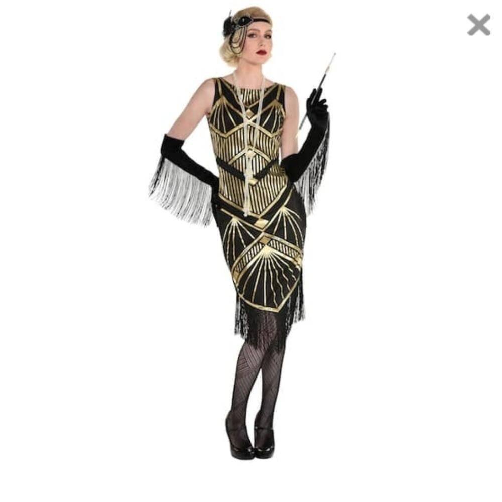 Roaring 20s Flapper Costume Women's Sz Large (10-12) Black &Gold Art Deco # 496